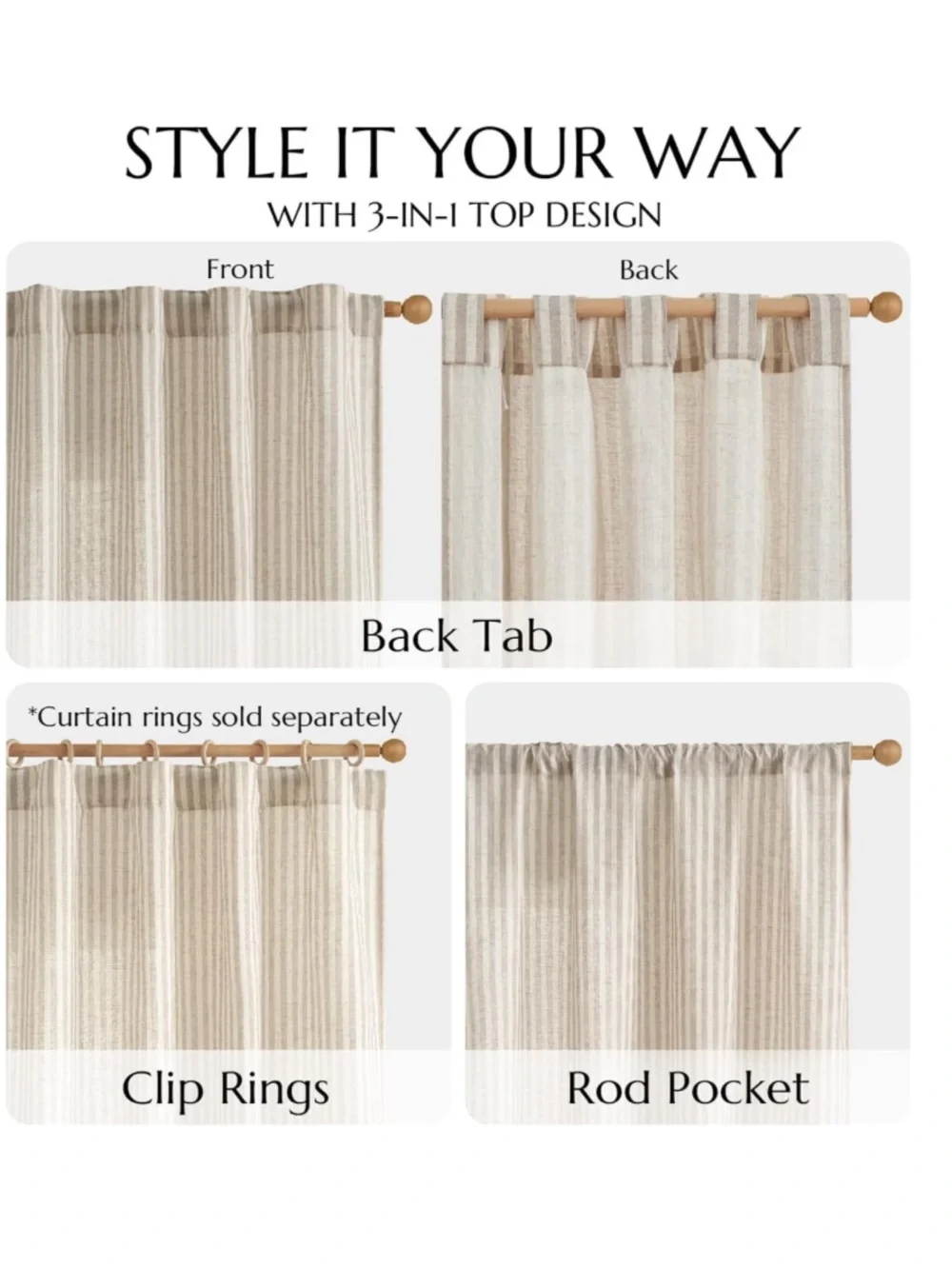 Striped Curtains Light-Filtering Rod Pocket Back Tab - TAUPE GRAY ON BEIGE